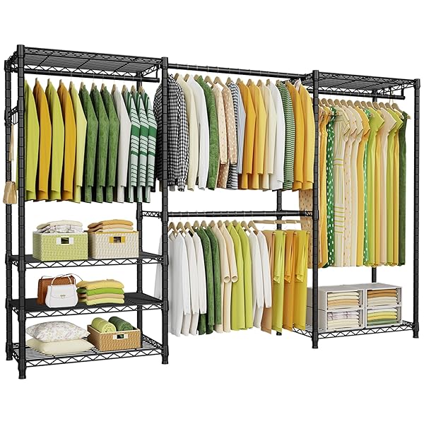 Ulif E1 Heavy Duty Closet Garment Rack, 6 Tiers Adjustable Metal Freestanding Expandable Clothing Storage with 4 Hanger Rods, Easy to Assemble Wardrobe, 71.4" H x (70" - 88.2") L x 14" D, Black
