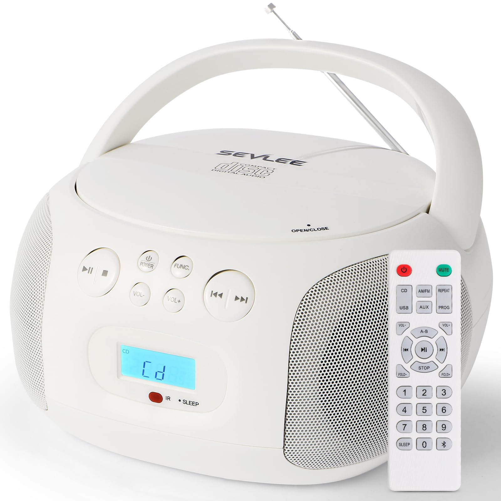 Portable CD Player Boombox Bluetooth 5.4, USB FLAC/MP3, Remote & Sleep Timer, Resume Playback, AM/FM Radio, Battery/AC Powered, Headphone & AUX (SEVLEE Cream White)-image-48