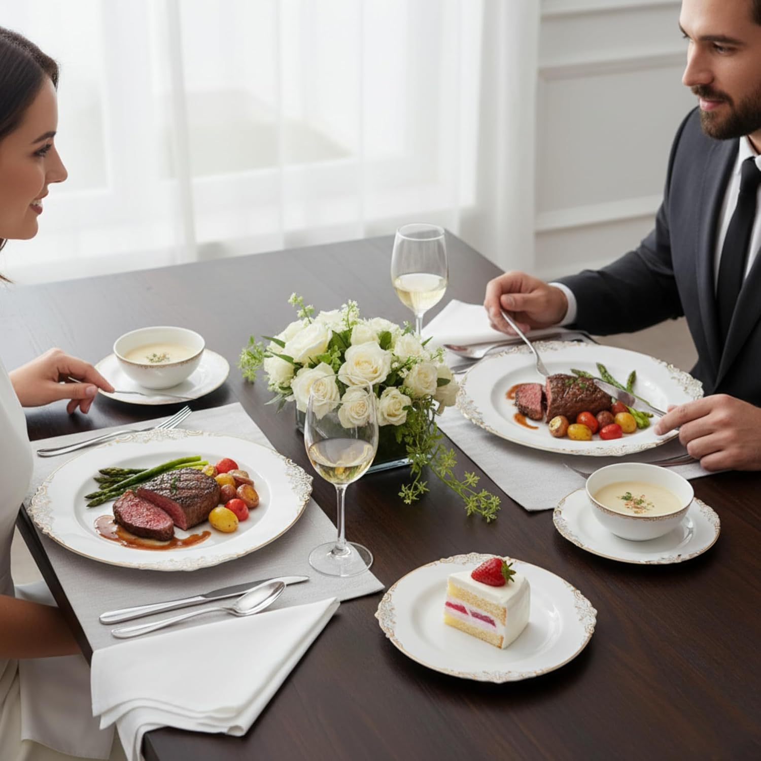 Playlearn Luxia 20Pcs Elegant Plastic Plates Lace White & Gold 10 Dinner and 10 Dessert Plates Set Durable, Reusable Plastic Plate Modern Design Tableware for Party & Event