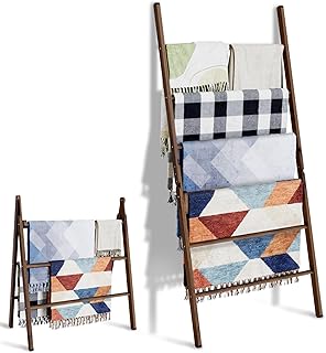 Delywh 6-Tier Wide Double Blanket Ladder Wood, Rustic Decorative Towel Rack for Big Blanket, Towel, Quilt, Clothes, Freestanding Blanket Holder Towel Ladder Decor Stand for Living Room, Bedroom, Brown