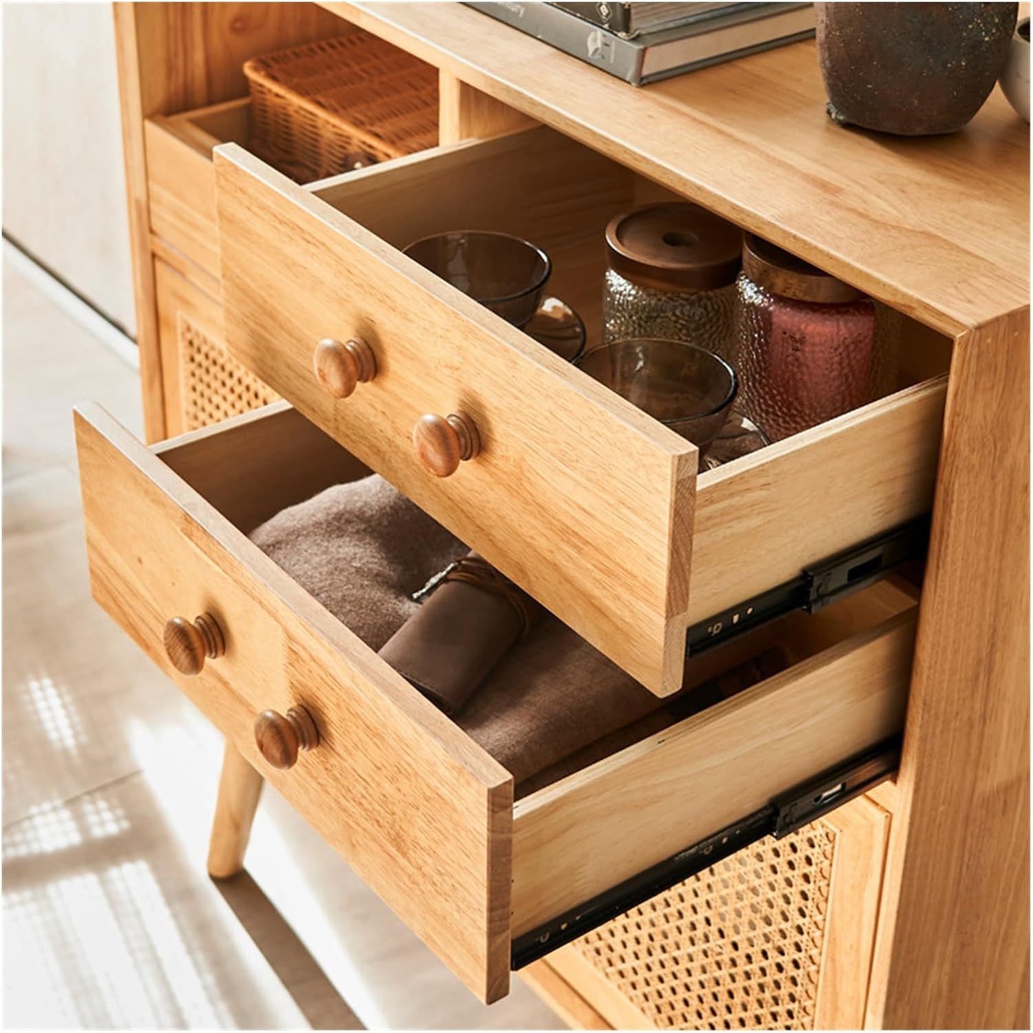 Kitchen Living Room Solid Wood Rattan Storage Cabinet Household With Drawer Dining Buffet Cabinet