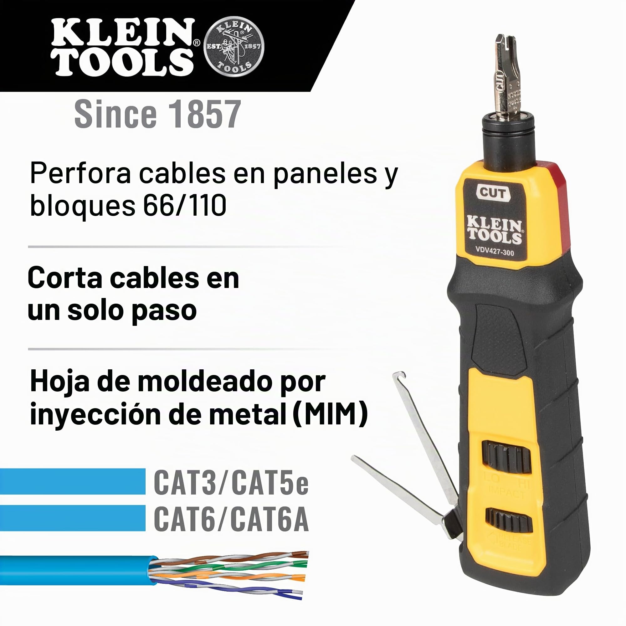 Klein Tools VDV427-300 Herramienta de perforación de impacto con hoja 66/110, conexiones de cable CAT confiables, fuerza ajustable, incluye púa y spudger