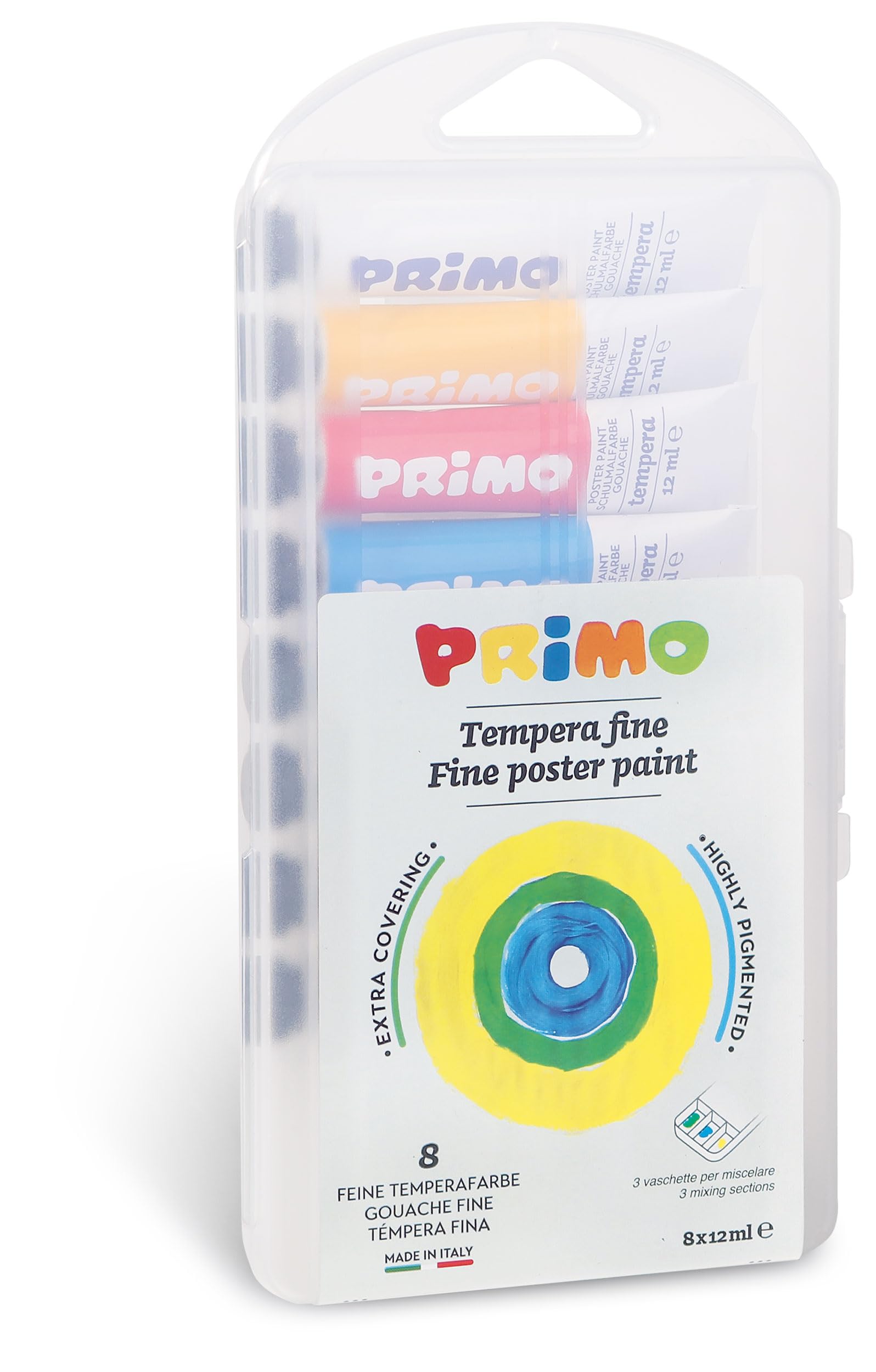 PRIMO - Tempere per Bambini +3 Anni, 8 Tubi da 12 ml, Colori Diluibili con Acqua, Colori a Tempera Fine Densi e Coprenti per Tessuti, Carta, Vetro, Lavoretti Creativi per Bambini e Hobby