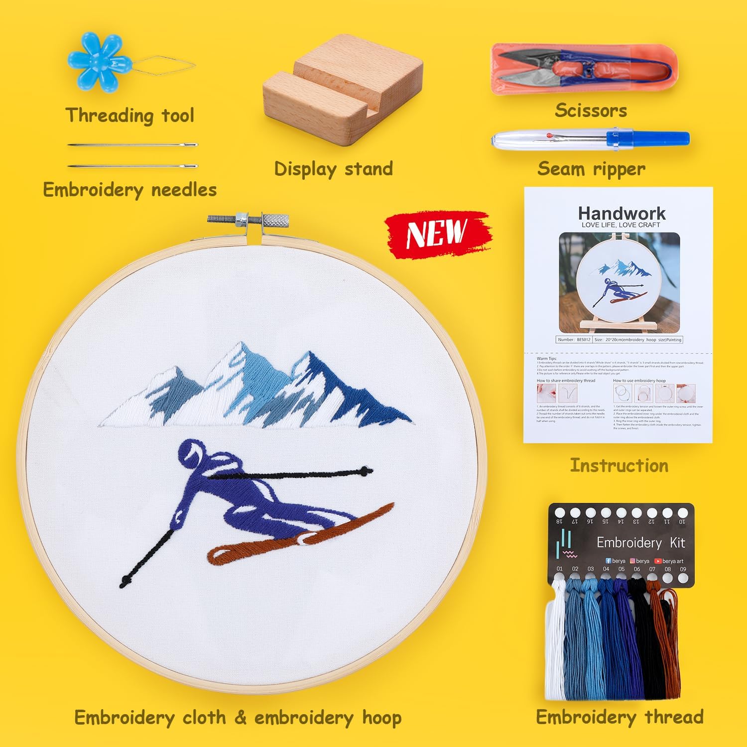 Embroidery Kit for Adult Beginners,Skiers Snow Mountain Embroidery Kit with Step-by-Step Instructions & Video,Printed Cloth,7.87" Hoop,Display Stand,Color Threads and Tools for Craft Lover(BES012) image 2