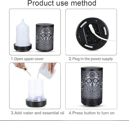 Miniatura 7 de Difusores para aceites esenciales, diseño artístico de calavera de azúcar del día de los muertos, 3.4 fl oz, humidificador ultrasónico silencioso de