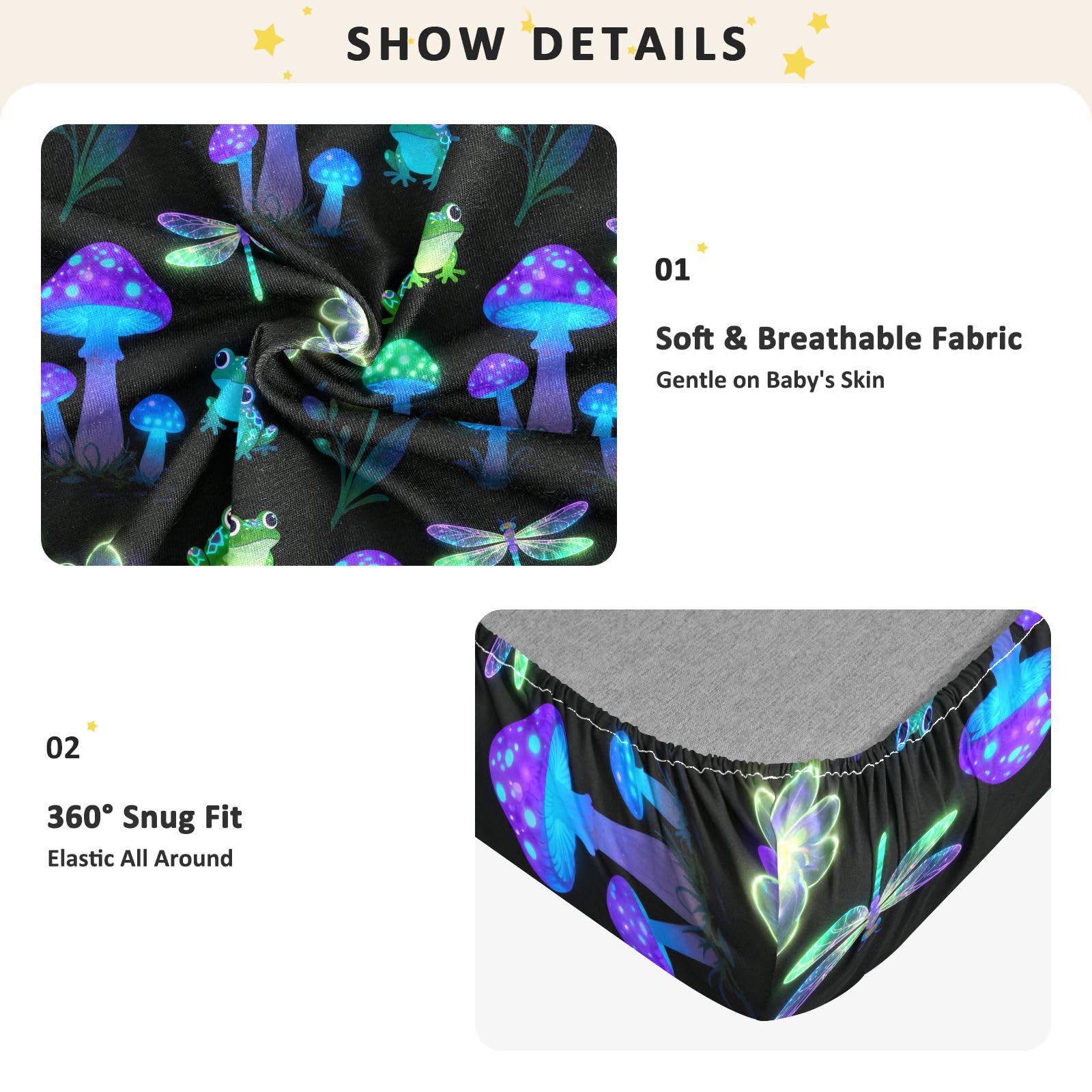 Sábanas para cuna de bebé con diseño de hongos brillantes y ranas para niños y niñas, sábana de algodón suave y cómoda, decoración de guardería 1