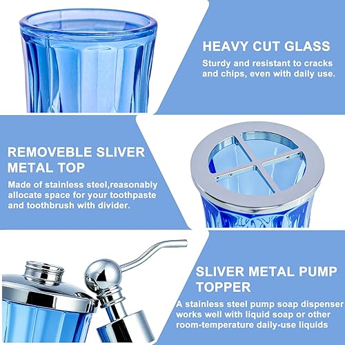 Miniatura 4 de Juego de 5 accesorios de baño azules y plateados con dispensador de jabón de loción, jabonera, soporte para cepillos de dientes, vaso de baño,