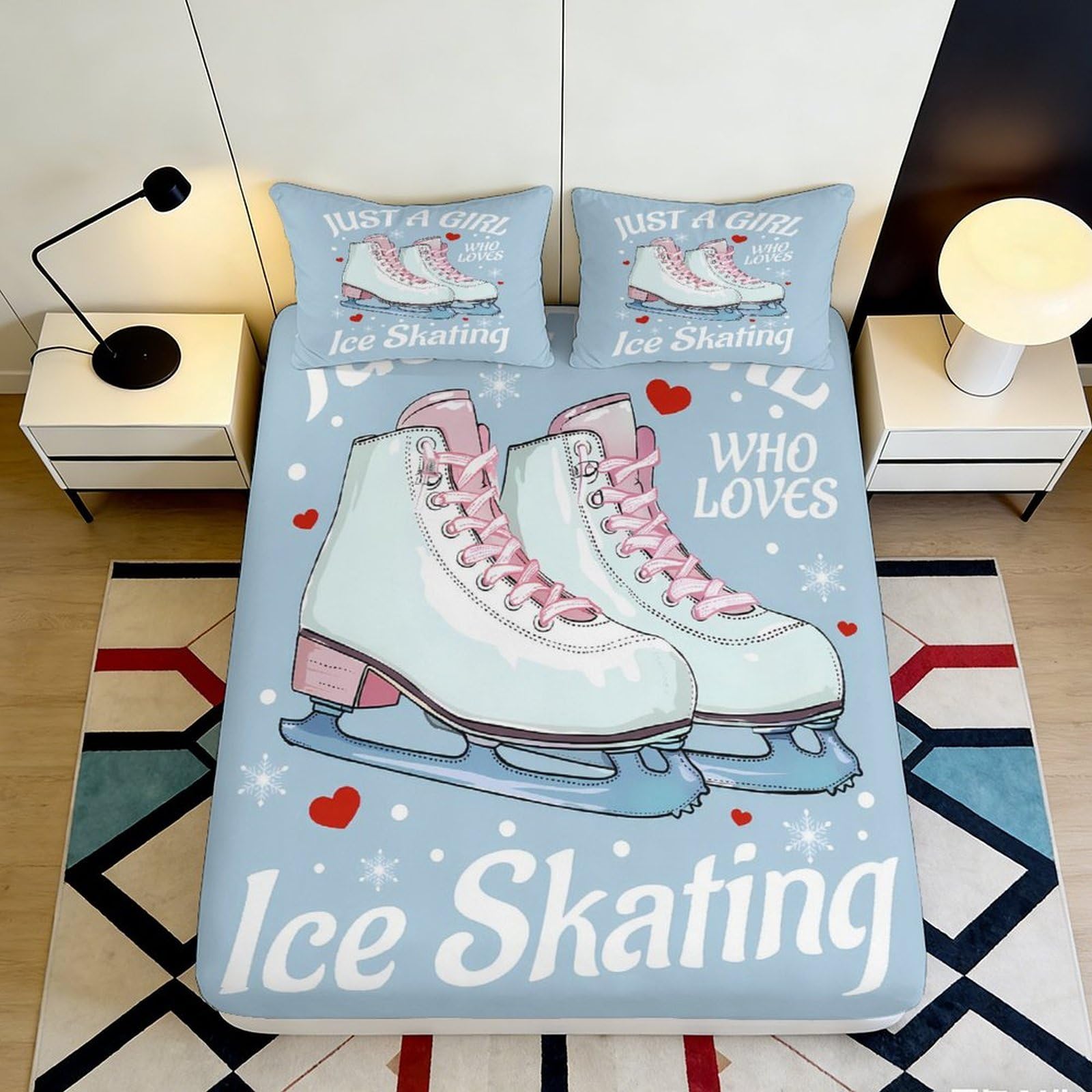 3D Printed Ice Skates Fitted Sheet Microfiber Blue Bed Cover for Bedroom Dorm Machine Washable Anti-Slip Decor 140x200x25cm