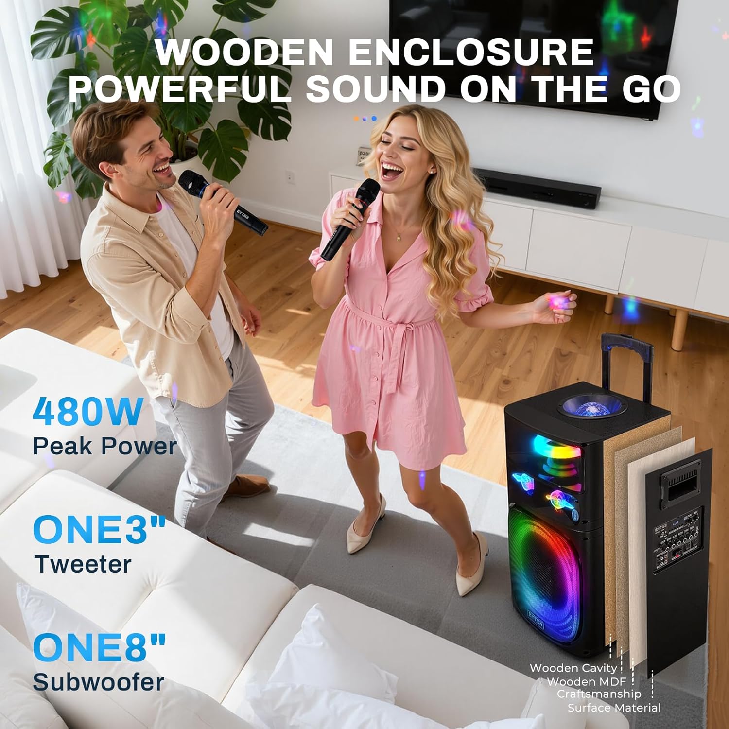 Karaoke Machine for Adults with 2 Wireless Microphones, Professional Portable Party Speaker with Disco Ball Lights, PA System with Remote Control 480W Peak Power,Rolling Wheels, Trolley, LK40 - Image 2