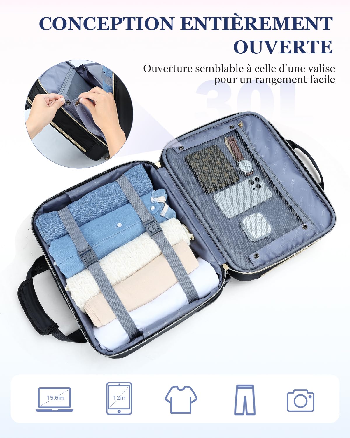 Ponhog Sacoche à roulettes pour Ordinateur Portable 15,6 Pouces, Business Trolley Sac de Voyage Femme Souple pour Affaires et Loisirs Les Voyages, Le Travail et l'école, Noire