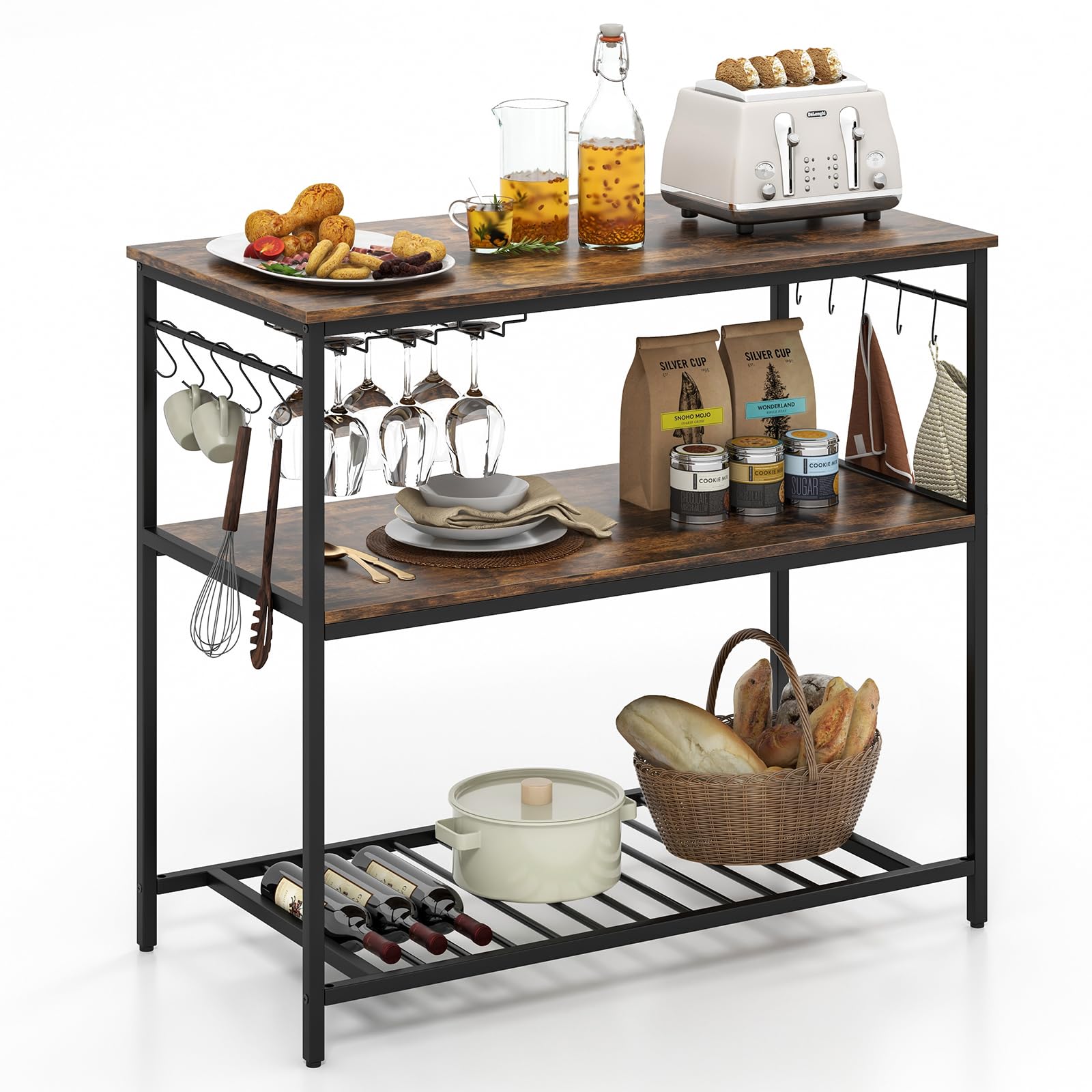 Giantex Kitchen Baker Rack with 3 Tier Storage Shelves, 10 Hooks, Glass Holder, 40" Stationary Island with Spacious Worktop, Industrial Kitchen Shelf,