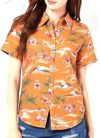 SSLR Hawaiian Shirts for Women Flamingo Shirt Tropical Shirts for Women Summer Casual Short Sleeve