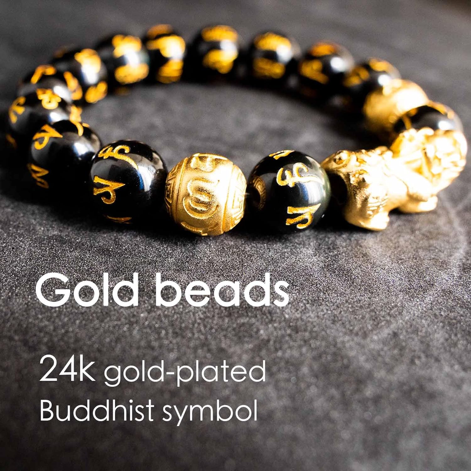 Feng Shui Bracelet 24K Gold Plated PiXiu, Colored Eyes Obsidian Dragon Protection Bracelet Meditation Decompression Prayer Beads Lucky Wealth Bracelets for Men Women(12mm) - Image 4