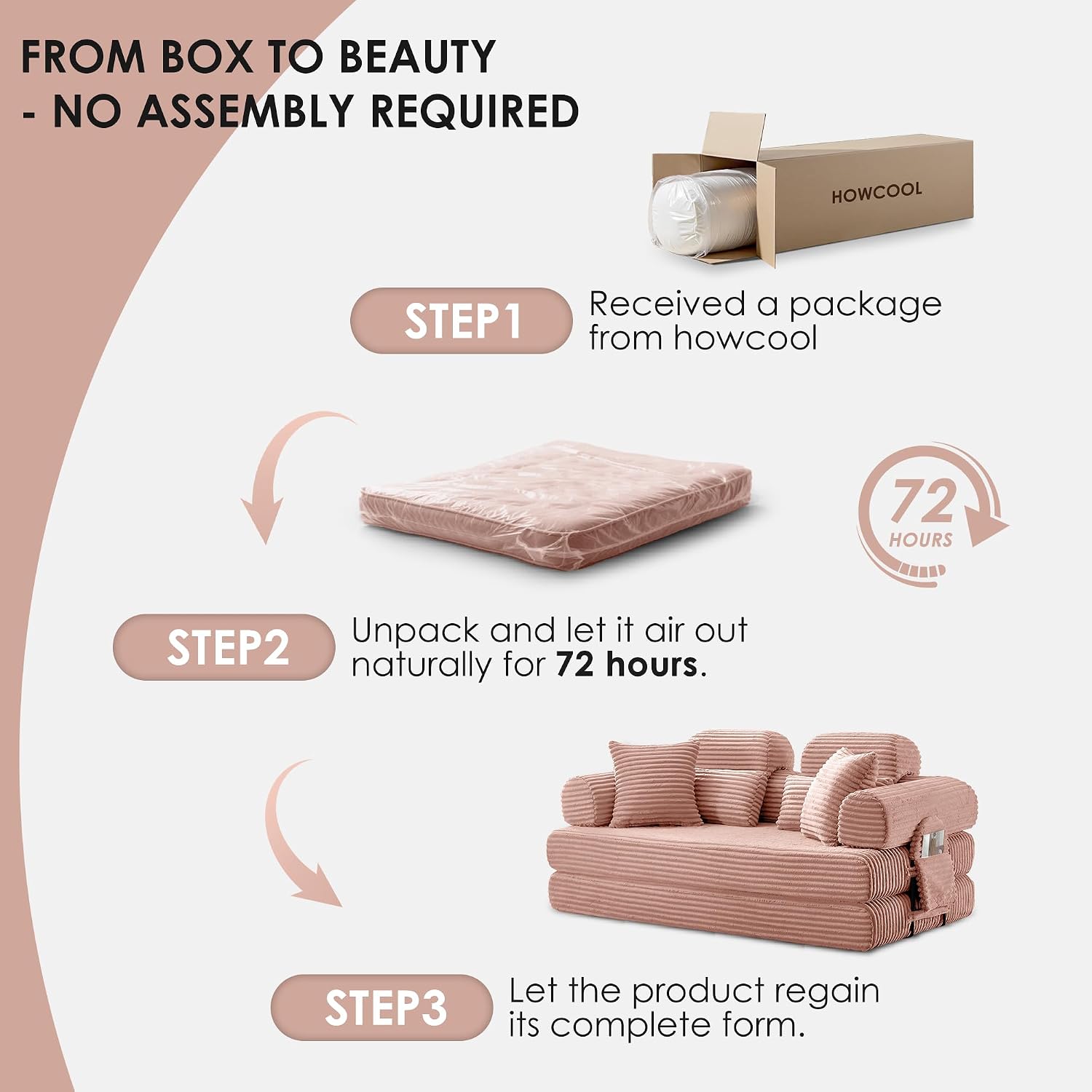 Convertible Sleeper Sofa Bed, 78.5" Corduroy Foldable Loveseat Sofa, Queen to King Size Boneless Couch Bed for Living Room | No Assembly Required | Memory Foam | Compression Sofa, Pink