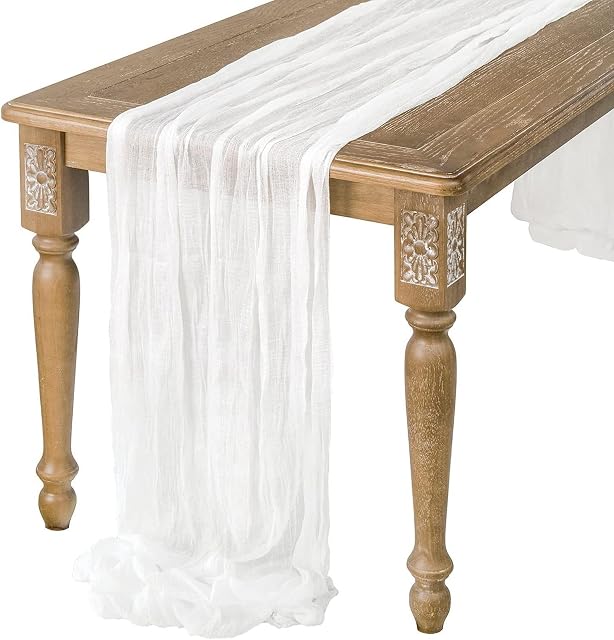 KWQBHW White Cheesecloth Gauze Table Runner 10ft 35 x122 Inch Boho Rustic Table Runner Tablecloth for Wedding Bridal Baby Shower Birthday Party Table Decor