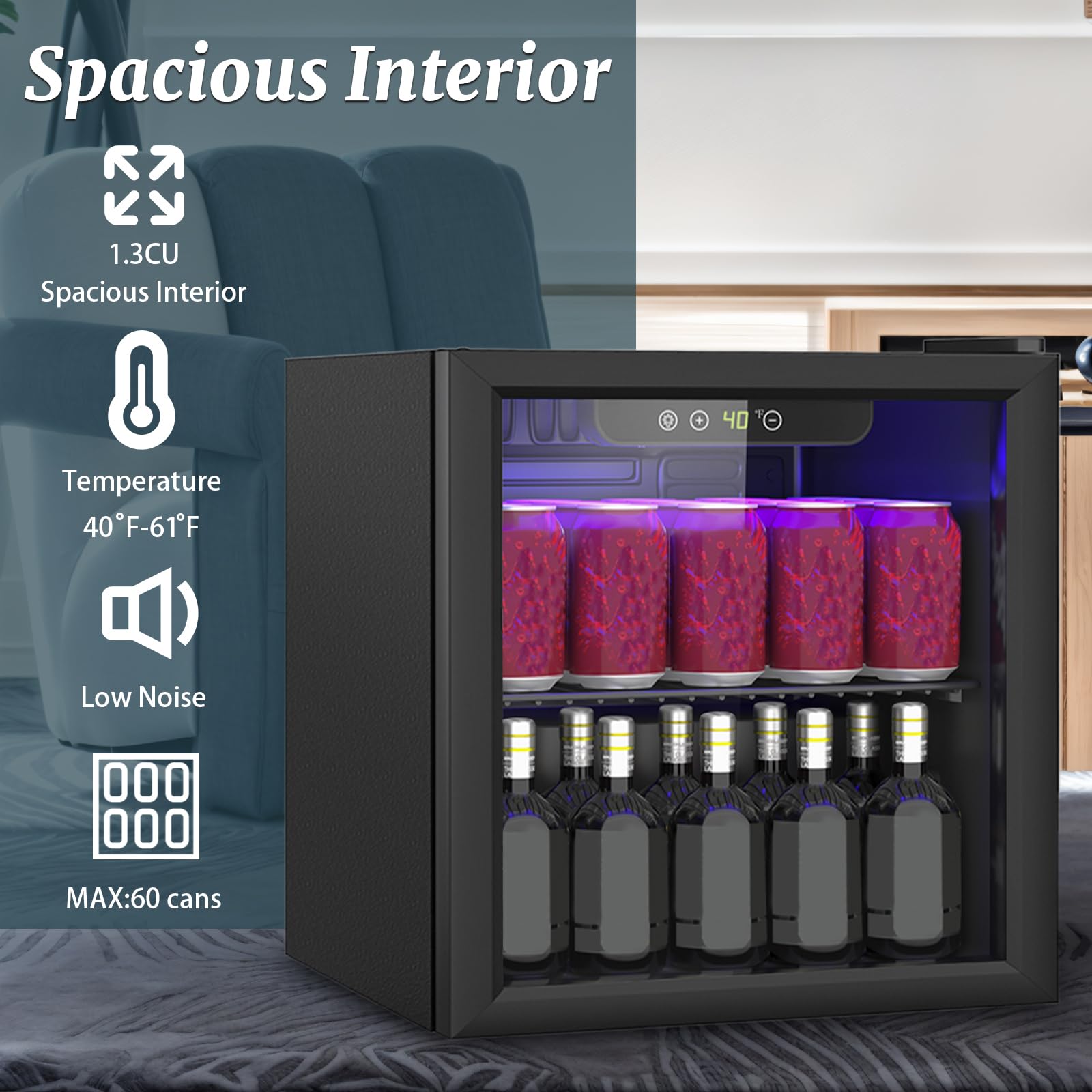 Dollardash Compact 60 Can/1.3 Cu.Ft Mini Fridge For Soda, Beer Or Wine, Portable Small Beverage Refrigerator With Digital Display&Removable Shelves &Reversible Glass Front Door For Office, Dorm, Bar on Fridge.com - View 4