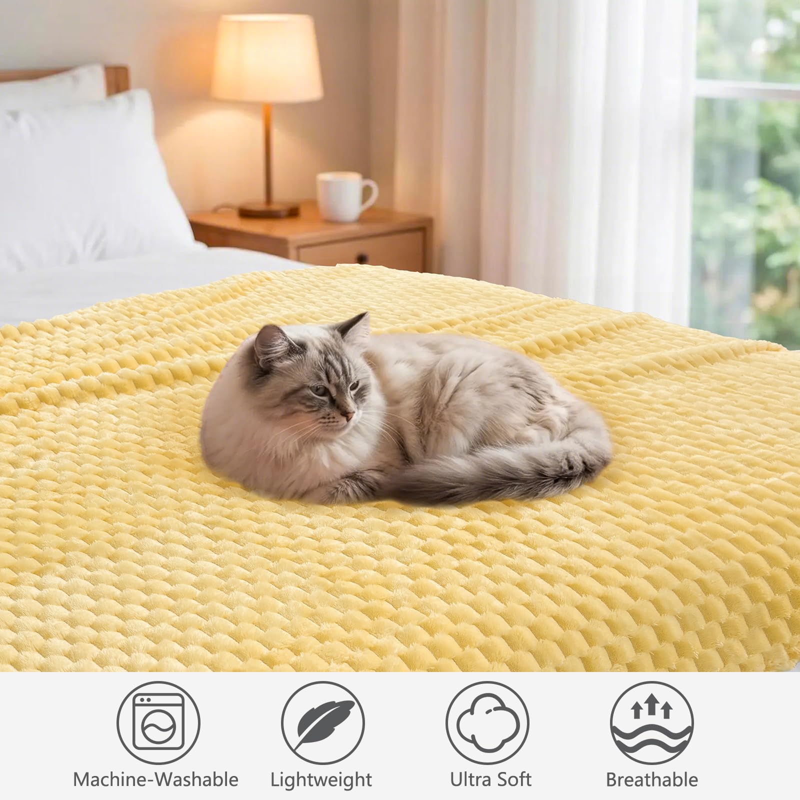 Vessia Flannel Fleece Throw Blanket(50x70 inch), 3D Jacquard Light Yellow Fuzzy and Warm Blanket for Couch,Sofa,Bed,Chair, 300GSM Super Soft Touch Cozy Lightweight Throw for All-Season Home Decor