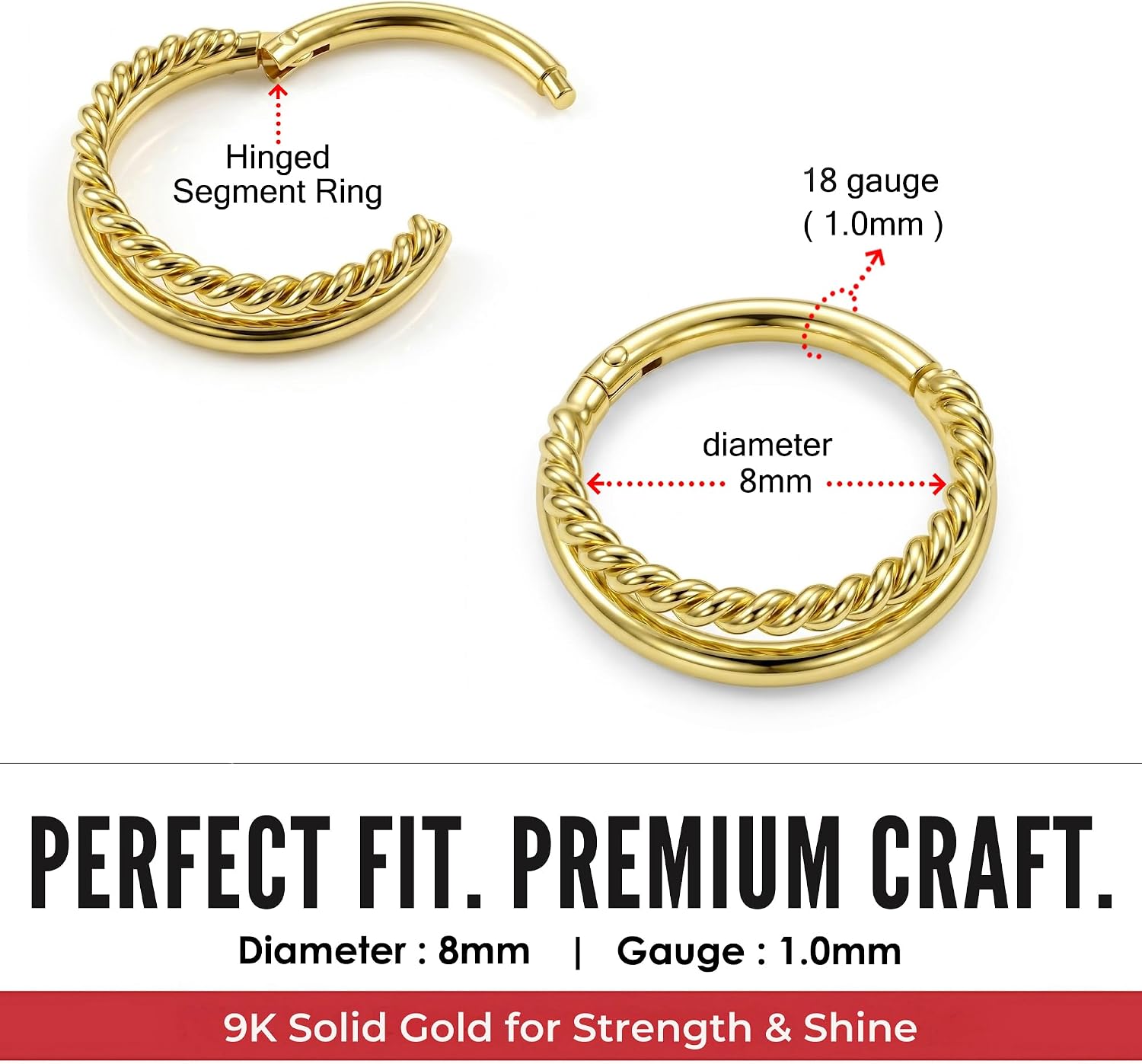 Double Stack 9K Solid Yellow Gold 18 Gauge Hinged Clicker Segment Ring Ear Septum Tragus Helix Piercing Jewellery