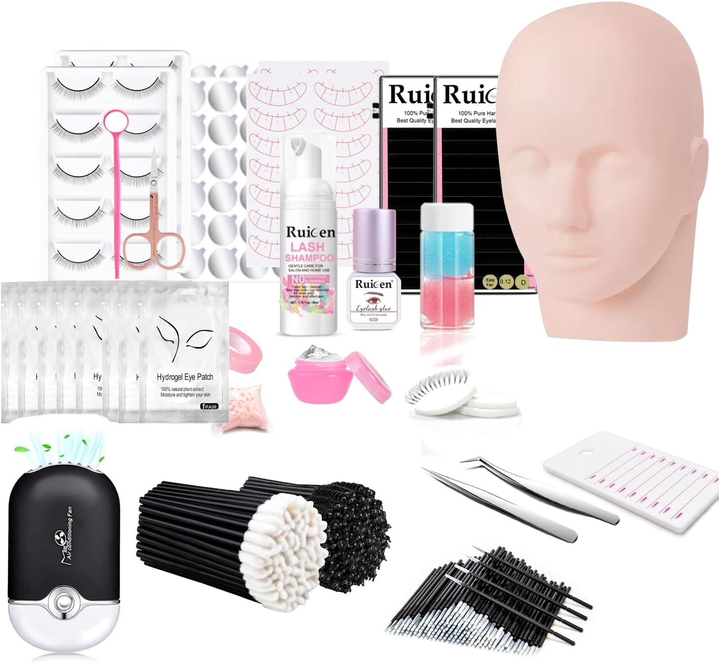 Eyelash Extension Kit for Beginners, Professional Lash Extension Kit with Mannequin Head, Lash Starter Kit with Lash Fan