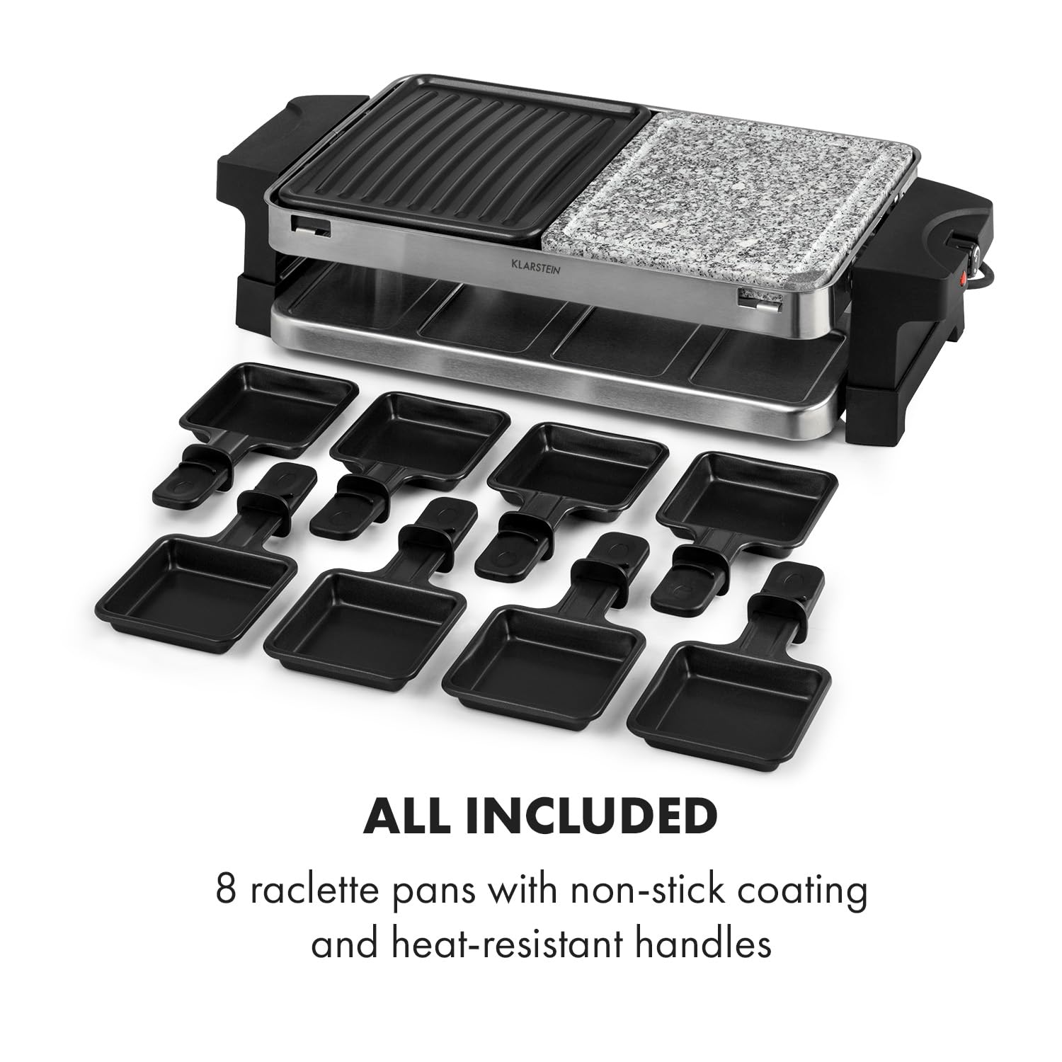 Klarstein Sirloin Grill para raclette, 1500 vatios, 2 en 1: placa de grill de aluminio y placa de piedra natural, Termostato regulable, para 8 personas, Sartenes de raclette de acero