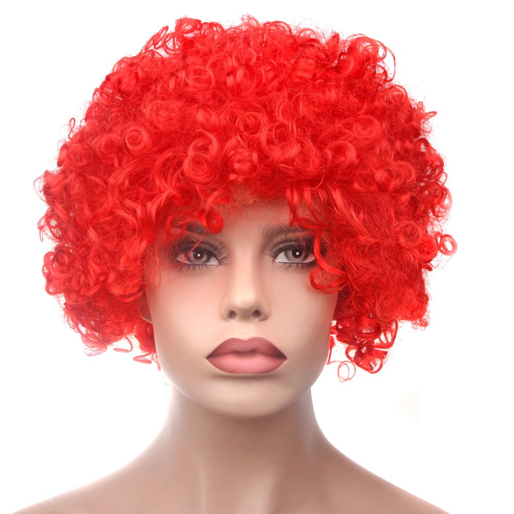 BundleMall Curly Afro Wigs Fancy Dress Funky Wig Disco Clown for Men and Women Soccer Football Fans Costumes Accessory (red)