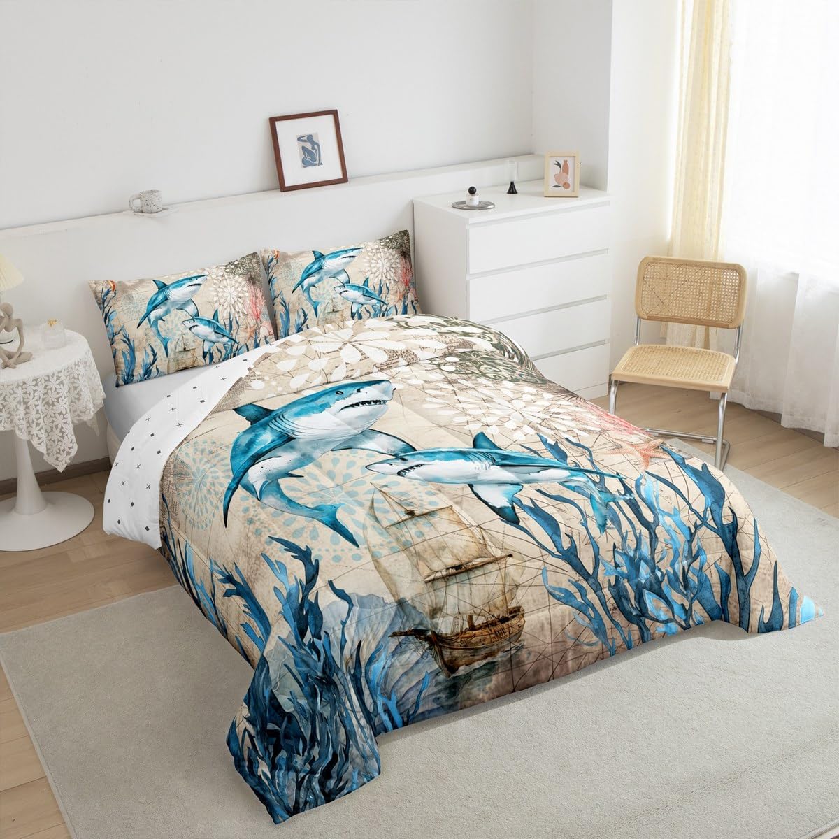 Erosebridal Sailboat Sailing Comforter Nautical Cover Comforter Set Toddler Size,2Pcs with 1 Pillowcase Ocean Animals Shark Duvet Quilt Seaweed Boho Floral Bedding Set for Boys Kids Teens Room Decor