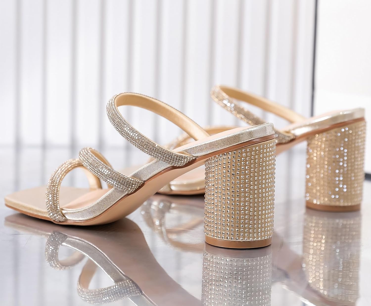 DADAWEN Women's Rhinestone Heeled Sandals Square Toe Strappy Chunky Block Heels for Women Comfortable Wedding Party Dress Pumps Shoes