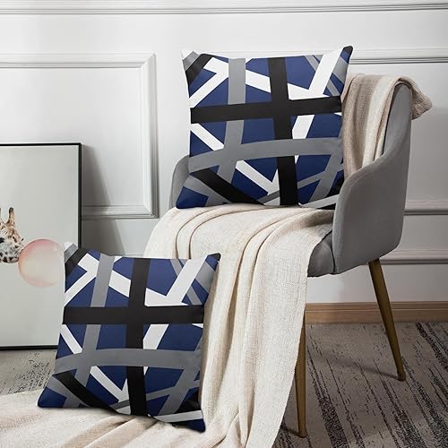 Miniatura 7 de Emvency Juego de 2 fundas de almohada con rayas azules y negras, diseño gris y blanco, funda de almohada decorativa retro, funda de almohada a rayas