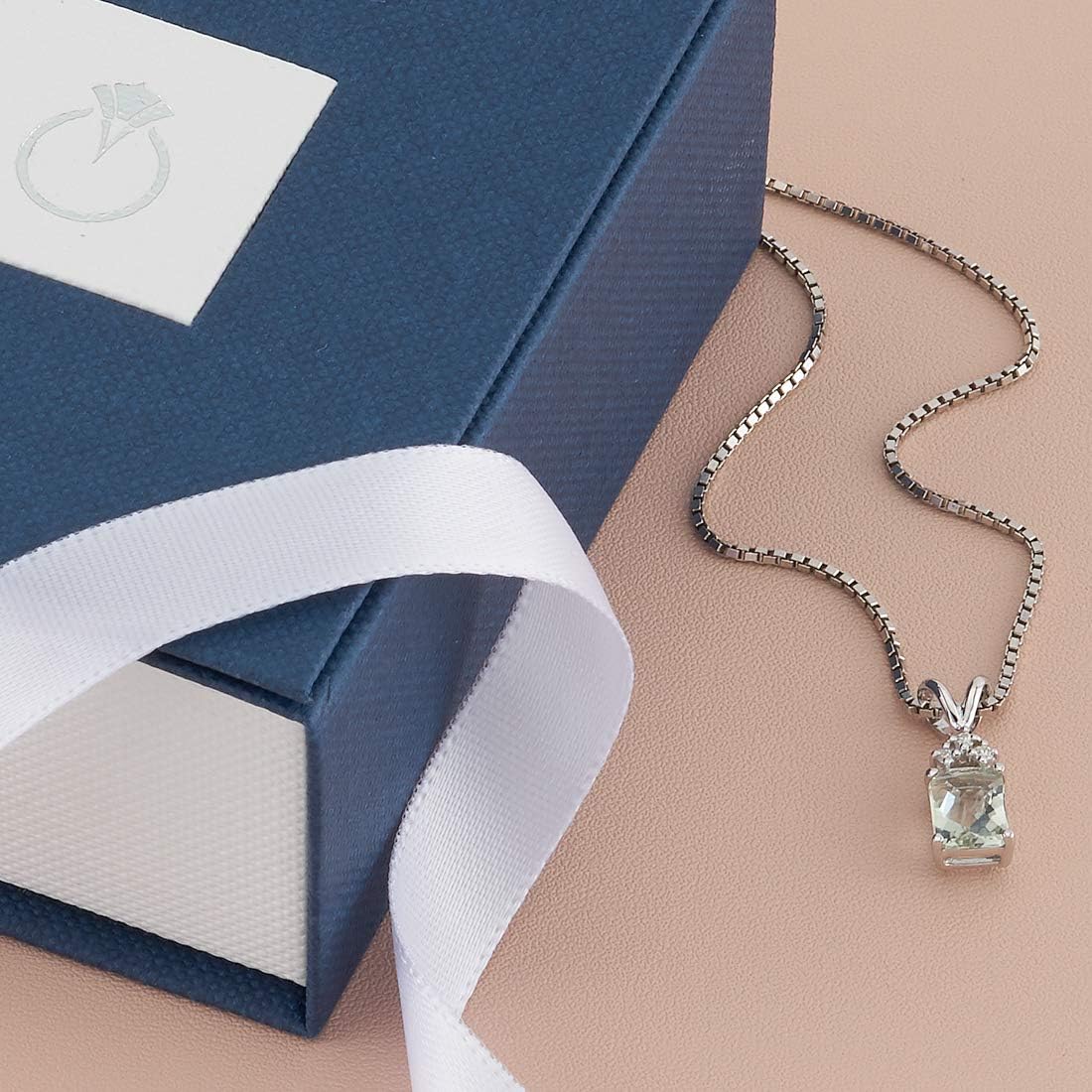 PEORA Green Amethyst with Genuine Diamond Pendant in 14 Karat White Gold, Elegant Solitaire, Radiant Cut, 7x5mm, 100% Natural & Real, Sparkling Green Amethyst Necklace, w/Jewelry Box