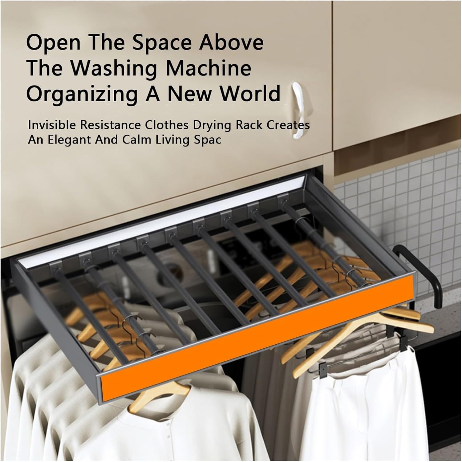 Aluminum Alloy Pull-Out Clothes Drying Rack for Washing Machines, Space-Saving Trouser Rack, 35Kg Load Capacity, Adjustable 614-664mm, Built-in Wardrobe Organizer (Orange)