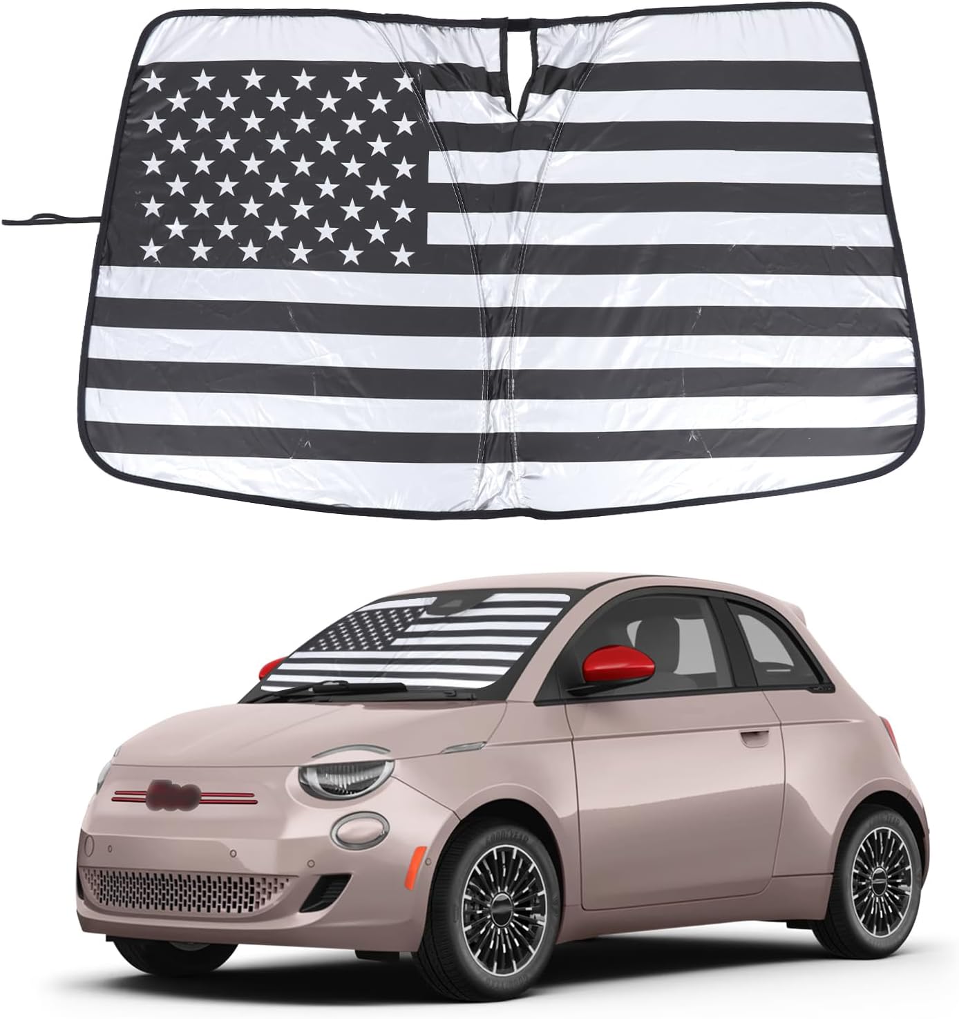 Windshield Sunshade for Fiat 500 2010-2024/ Abarth 595 2014-2024, Front Window Sun Shade, Foldable Reflective Sun Visor, Screen Shield Cover Blocker Protector HeatShield (Black1)