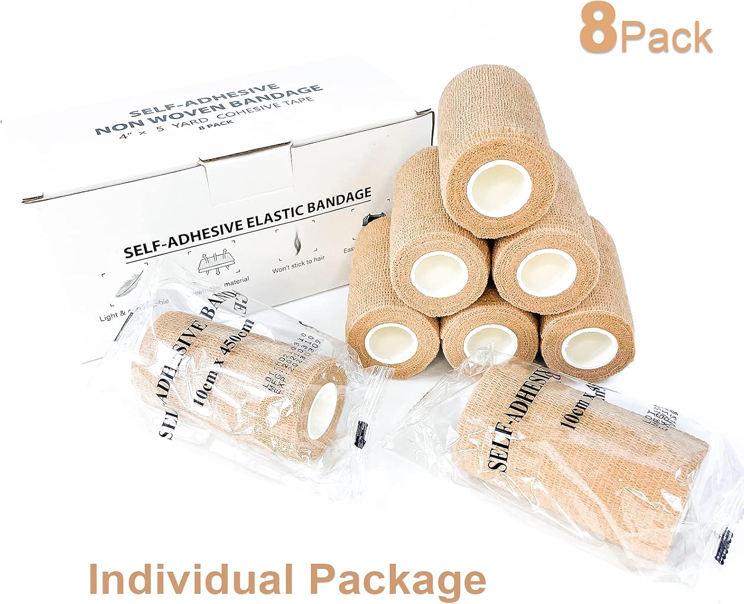 [8 Pack 4" x 5 Yards] Beige-Self Adhesive Cohesive Bandage Wrap, Self Adherant Non-Woven Wrap Rolls, Atheletic Tape for Wrist, Ankle, Hand, Leg, Premium-Grade Medical Stretch Wrap (Beige) : Health & Household