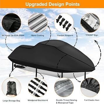 Jet Ski Cover 3 Seater,Upgraded 420D Heavy Duty Nano Coating Jetski Covers Waterproof,2 Air Vent Marine Grade UV Resistant (Black, 126