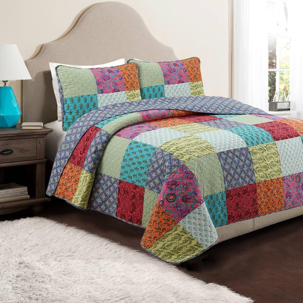 Cozy Line Home Fashions Bright Bold Multi Color Boho Floral Patchwork 3 Piece Cotton King Quilt Bedding Set