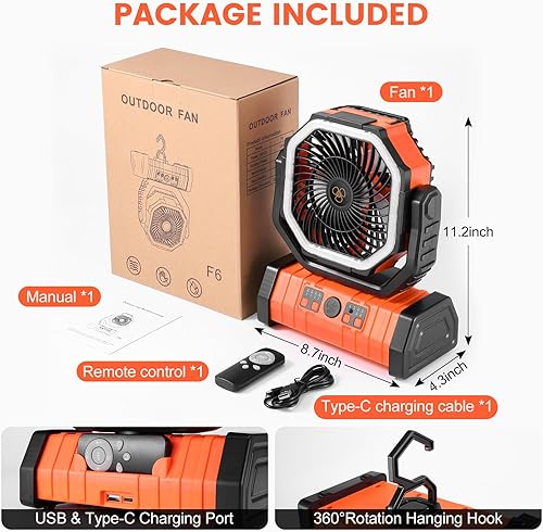 Miniatura 7 de Odoland Ventilador oscilante de campamento de 30000 mAh con linterna LED, funciona con batería recargable, ventilador portátil para tienda de
