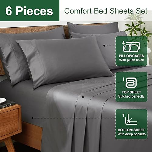 Miniatura 4 de Ivellow Juego de sábanas 100% de algodón egipcio, tamaño Queen, 1200 hilos, 6 piezas, 18 pulgadas, bolsillo profundo, tamaño Queen, juego de sábanas