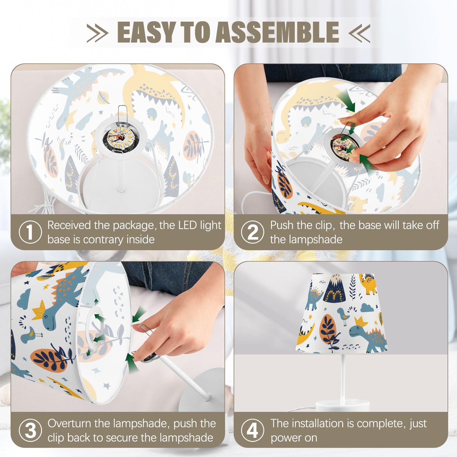 Mnsruu Lámpara de mesita de noche Dino Infantil Dinosaurio Doodle Lámpara de mesa Bombillas LED Lámpara de Escritorio Pantalla de Tela para Dormitorio Sala de Estar Mediana