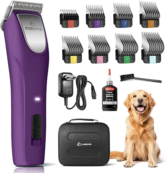 FuzzyFix Professional Dog Clippers for Grooming - 2 Speed Pet Grooming Kit for Thick Curly Matted Coats - Low Noise Heavy Duty Cordless Hair Trimmer with Detachable Metal Blade