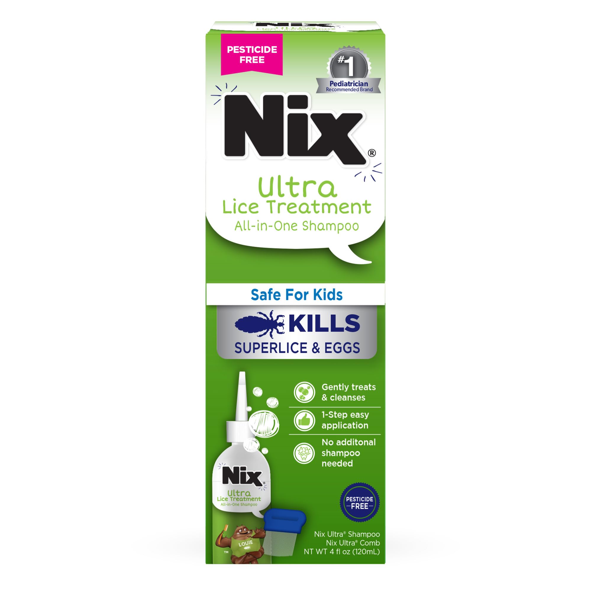 Nix Ultra Superlice Treatment, All-in-One Shampoo, 4 Fl Oz & Lice Removal Comb