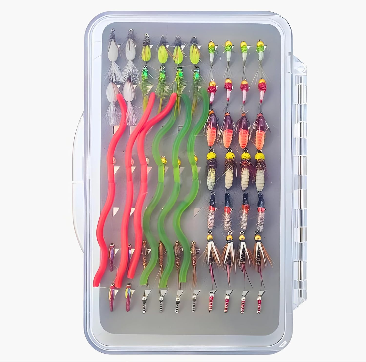 58/60PCS Fly Fishing Flies Assortment Including 18 Barbless Hooks & 4 Tungsten Bead Head Flies, Wet Nymph Flies for Freshwater Trout Salmon with Clear Lid Fly Box