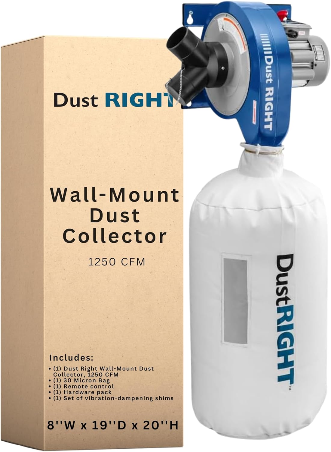 Rockler Dust Right 1250 CFM Wall Mount Dust Collector with Remote & Y-Adapter - Space-Saving Wood Shop Air Filtration