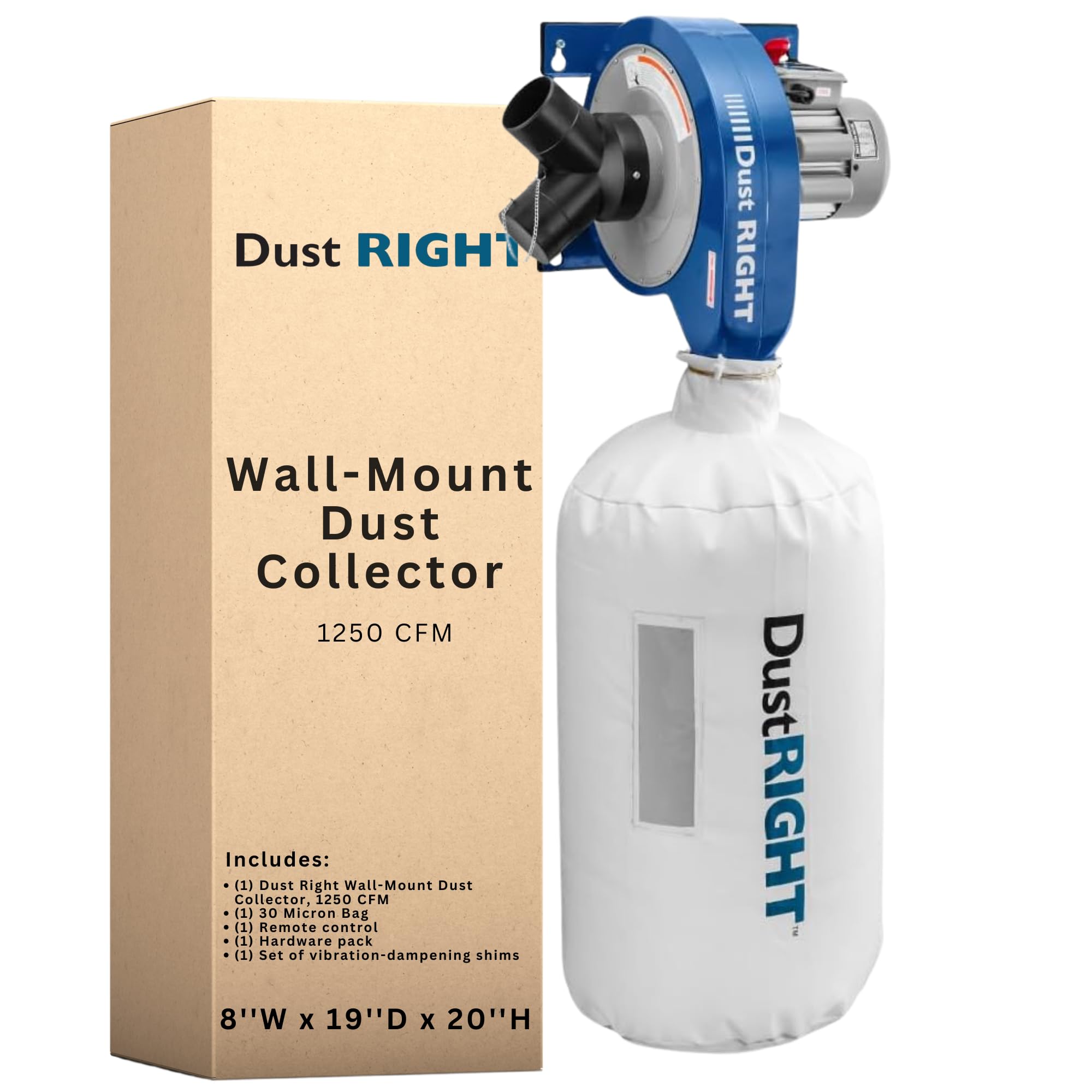 Dust Right Wall Mount Dust Collector – 1250 CFM Powerful Air Filtration System w/Remote & Y-Adapter – Space Saving Portable Woodworking Tool for Wood Shops, Homes, or More