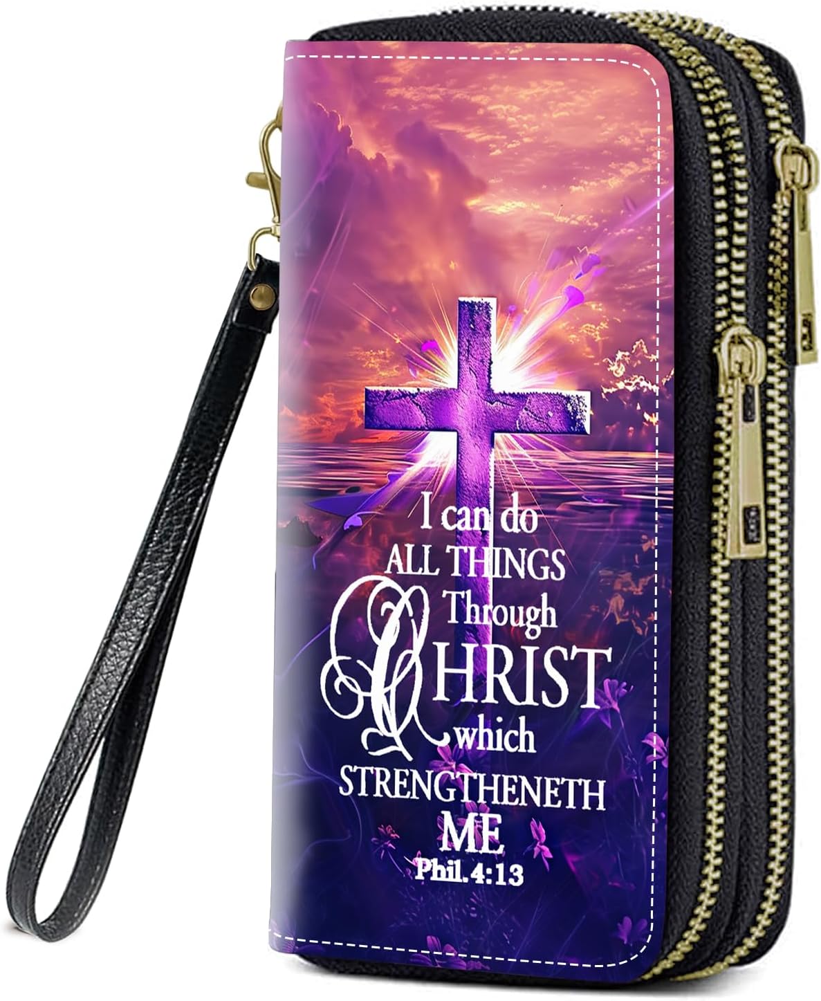 Cross Quote Bible Verses Phil 4-13 Print Women Large Capacity Wallet PU Leather Double Zipper Clutch Purse