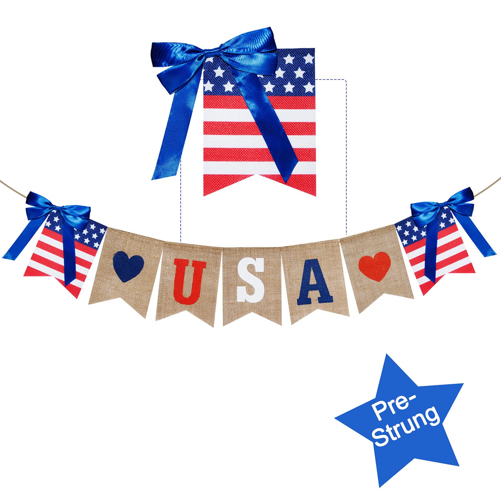 USA Banner Burlap, American Burlap Banner, 4th of July Decorations, Patriotic Banner for President Day, Independence Day Decoration,Fourth of July Party Supplies