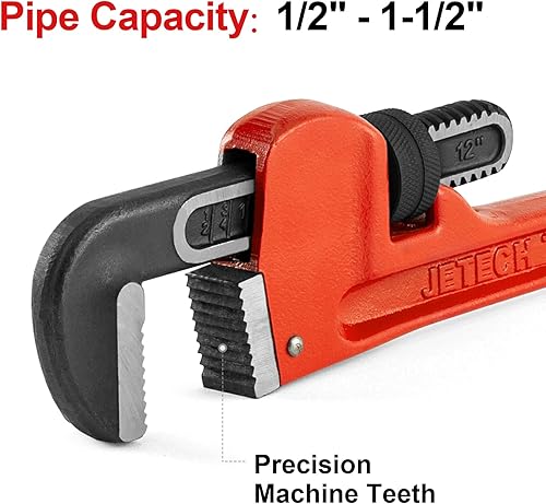 Vista 4 de Jetech 12-inch Heavy Duty Straight Pipe Wrench, Adjustable Aluminum Plumber with Floating Hook Jaw and I-Beam Handle, Red