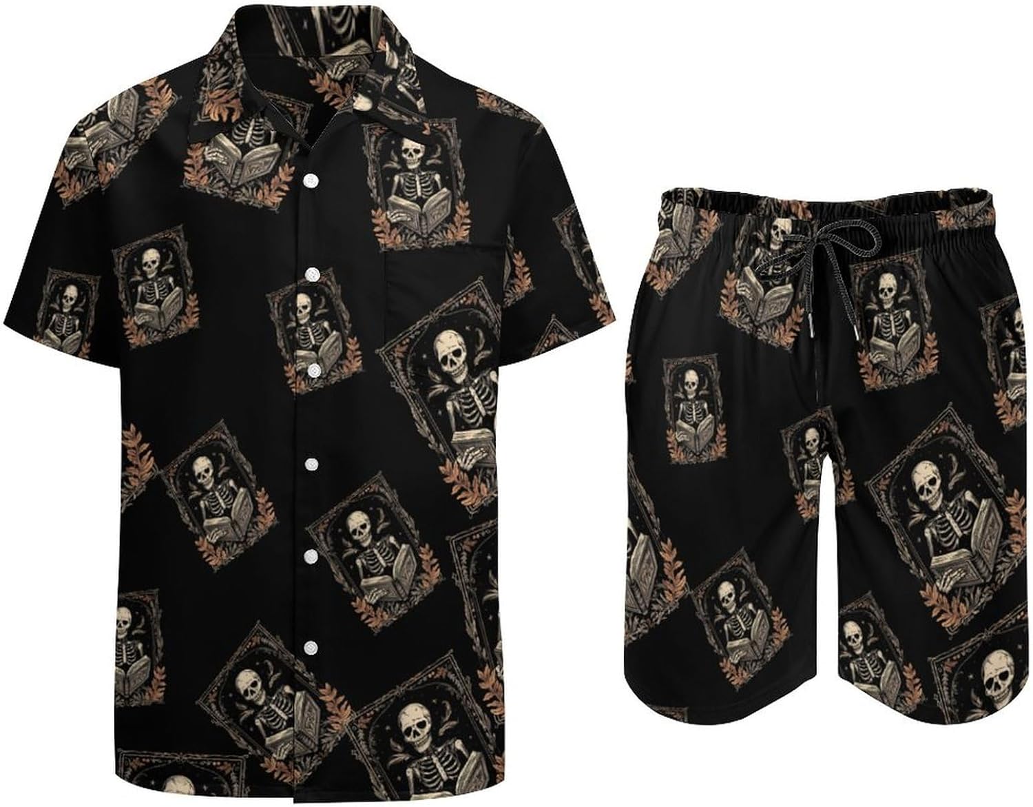 Tarot Card Skeleton Men's Summer Beach Outfits Shirt And Shorts Set 2 Piece Vacation Swimwear