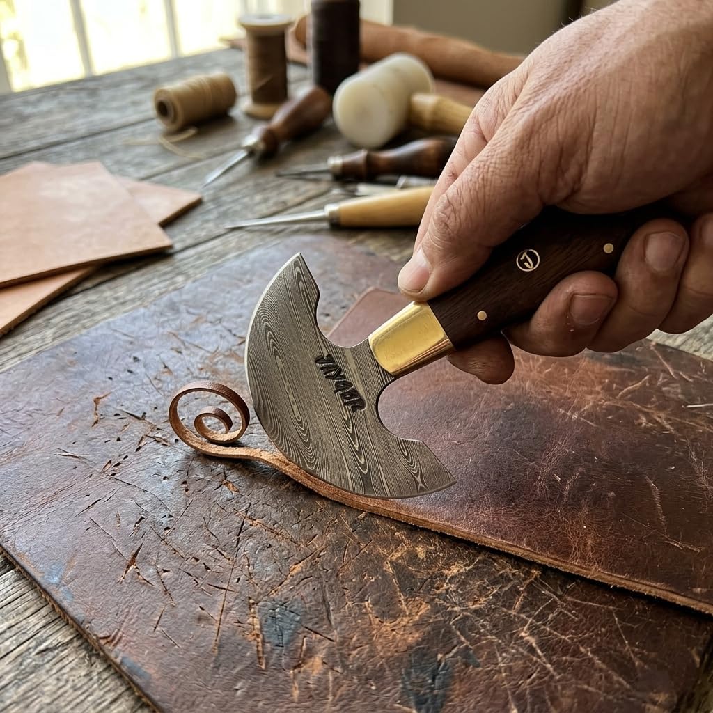 Handmade Damascus Steel Round Head Leather Cutter with Wood Handle - Premium Craftsmanship for Precision Cuts and Durability