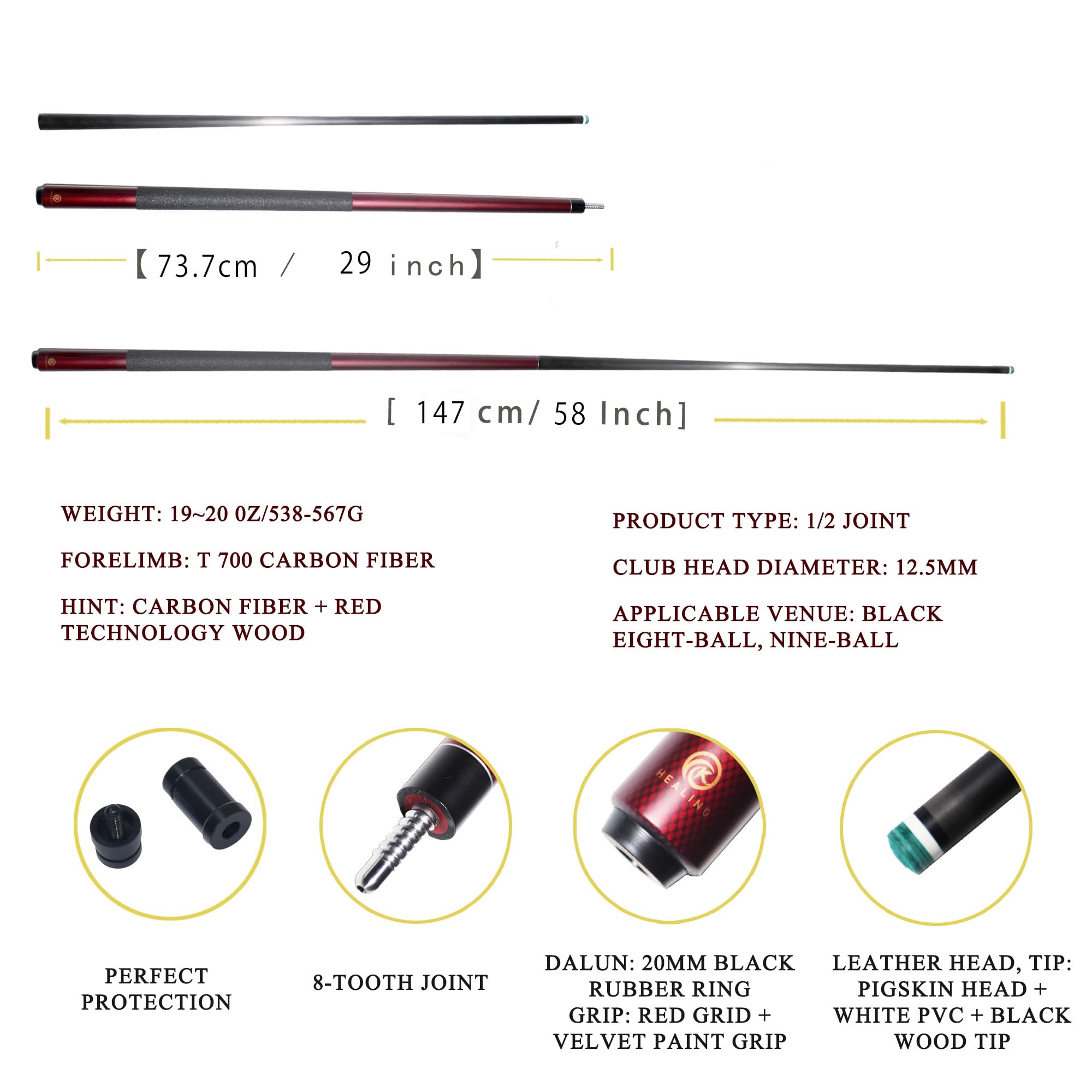 KHEALING Stecca da biliardo in fibra di carbonio, punta da 12,5 mm, buona resistenza, stecca da biliardo professionale, stecca da 58 pollici, adatta per sala biliardo e intrattenimento domestico