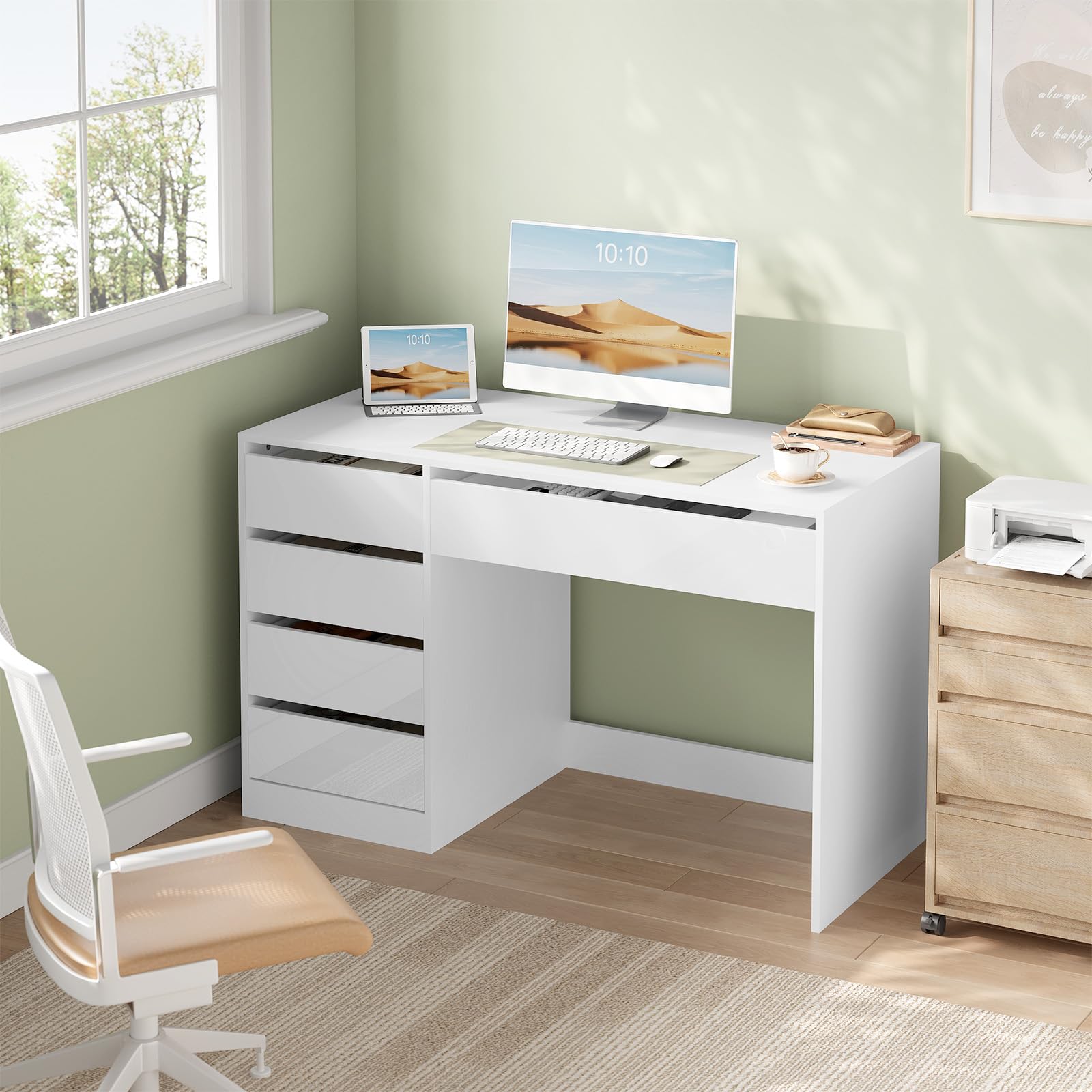 eSituro Scrivania Trucco, 120x55 cm, Toeletta con 5 Cassetti senza Specchio, Scrivania da Ufficio per Computer, per Ufficio, Studio e Camera da Letto, Bianco Brillante