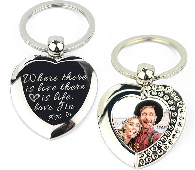 Photo Text Heart Keyring Personalised Customised Picture Printed Message Engraved Hearts Valentine Keychain Special Date Keepsake Memorial Anniversary Birthday Couple love Gift